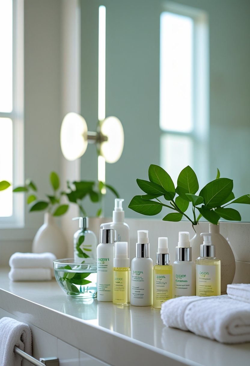 A bathroom vanity with skincare products, a glass bowl with water and leaves, and a white towel under natural light.